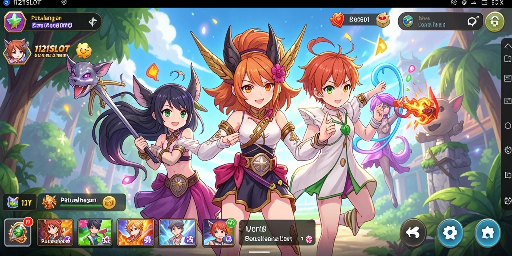 Tangkapan layar gameplay 1121SLOT yang menampilkan karakter anime yang ceria.