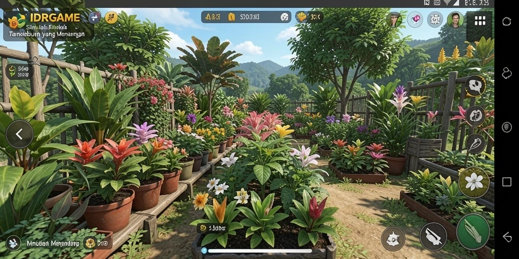 Tampilan gameplay menarik di IDRGAME dengan kebun yang subur dan indah.